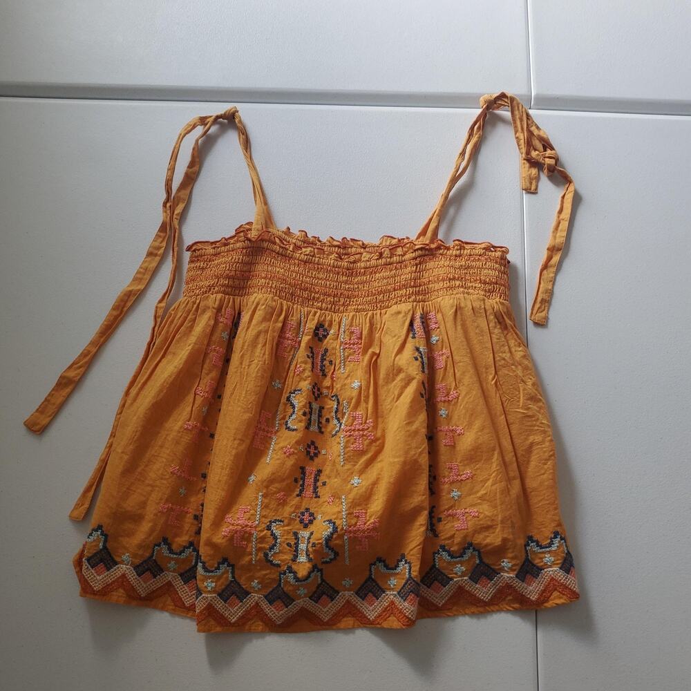 Anthropologie Tank Top Womens Small Yellow Embroidered Tie Strap Boho Cami